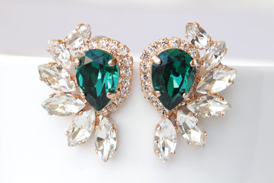 EMERALD GREEN EARRINGS, Bridal Dark Green Studs, Cluster Crystals Earrings, Jewelry of Brides, Wedding Bridesmaid Gift, Evening Earrings