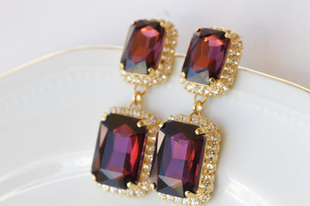 BURGUNDY EARRINGS, Gold Formal Chandelier Earrings, Drop Earrings, Wine Color Earrings, Square Dark Red Earrings, Jewelry For Evening