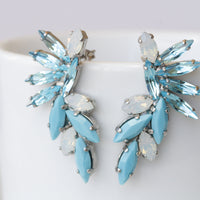 TURQUOISE OPAL EARRINGS, Vintage Stud earrings, Aquamarine Crystal Wedding jewelry, White Opal and Blue Earrings, Cluster Bridal Earrings