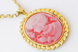 CAMEO NECKLACE, Red Gold Cameo Pendant Necklace, Vintage Cameo Necklace, Lady Cameo Large Necklace, Long Cameo Necklace, Victorian Style