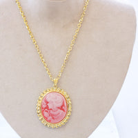 CAMEO NECKLACE, Red Gold Cameo Pendant Necklace, Vintage Cameo Necklace, Lady Cameo Large Necklace, Long Cameo Necklace, Victorian Style