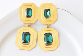 EMERALD LARGE EARRINGS, Dark Green Evening Earrings, Square Formal Earrings, Gold Green Statement Earrings, Mother Of The bride Or Groom