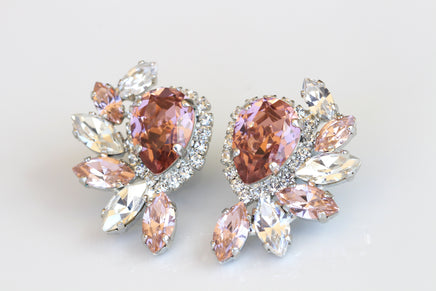 BLUSH PINK EARRINGS, Bridal Light Pink Studs, Cluster Morganite Crystals Earrings, Jewelry of Brides, Wedding Bridesmaid Gift, Evening Gift