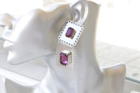 PURPLE AMETHYST EARRINGS, Large Evening Earrings, Square Formal Earrings, Silver Big Statement Earrings, Mother Of The bride Or Groom Gift