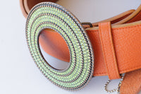 ORANGE LEATHER BELT, Boho Leather belt, Wide leather belt, Chunky Buckle Belt, Cognac Brown Belt, Green Peridot Circle Buckle, Women's Belt