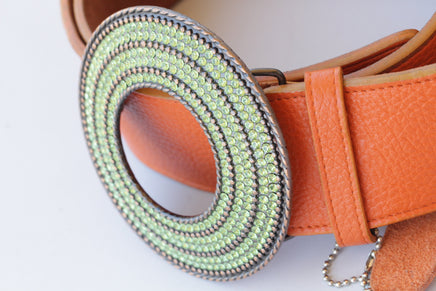 ORANGE LEATHER BELT, Boho Leather belt, Wide leather belt, Chunky Buckle Belt, Cognac Brown Belt, Green Peridot Circle Buckle, Women's Belt