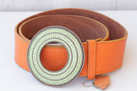 ORANGE LEATHER BELT, Boho Leather belt, Wide leather belt, Chunky Buckle Belt, Cognac Brown Belt, Green Peridot Circle Buckle, Women's Belt