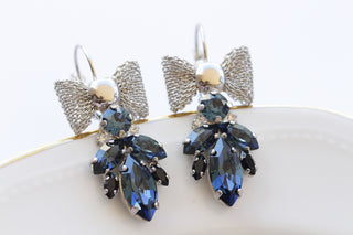 NAVY BLUE EARRINGS, Dark Blue Topaz Wedding Earrings, Bow Drop Earrings, Custom Earrings, Estate Brides Earrings, Leverback Earrings Gift