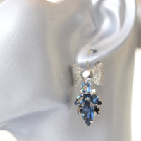 NAVY BLUE EARRINGS, Dark Blue Topaz Wedding Earrings, Bow Drop Earrings, Custom Earrings, Estate Brides Earrings, Leverback Earrings Gift