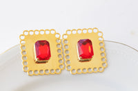 RED GOLD EARRINGS, Large Red Ruby Evening Earrings, Square Formal Earrings, Estate Big Statement Earrings, Elegant Stud Geometric Earrings