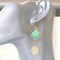 Star of David Earrings, Israel Earrings, Holy land earrings, Green Turquoise Gold earrings, Judaica earrings, Jewish jewelry, Enamel Earring