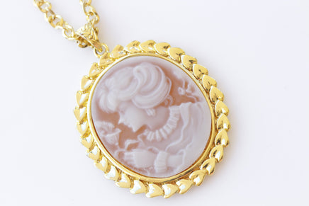 CAMEO NECKLACE, Brown Gold Cameo Pendant Necklace, Vintage Necklace, Lady Cameo Long Chain Necklace, Antique Cameo Necklace, Victorian Style