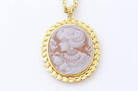 CAMEO NECKLACE, Brown Gold Cameo Pendant Necklace, Vintage Necklace, Lady Cameo Long Chain Necklace, Antique Cameo Necklace, Victorian Style