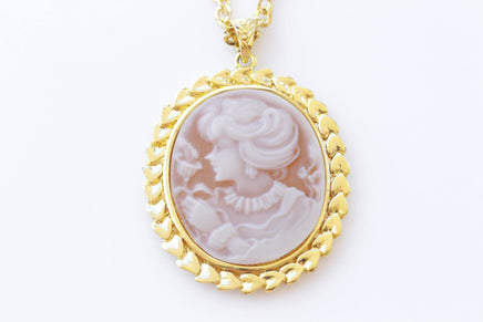 CAMEO NECKLACE, Brown Gold Cameo Pendant Necklace, Vintage Necklace, Lady Cameo Long Chain Necklace, Antique Cameo Necklace, Victorian Style