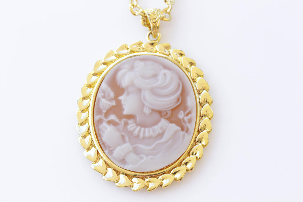 CAMEO NECKLACE, Brown Gold Cameo Pendant Necklace, Vintage Necklace, Lady Cameo Long Chain Necklace, Antique Cameo Necklace, Victorian Style