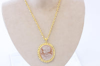 CAMEO NECKLACE, Brown Gold Cameo Pendant Necklace, Vintage Necklace, Lady Cameo Long Chain Necklace, Antique Cameo Necklace, Victorian Style