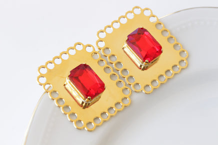 RED GOLD EARRINGS, Large Red Ruby Evening Earrings, Square Formal Earrings, Estate Big Statement Earrings, Elegant Stud Geometric Earrings