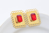 RED GOLD EARRINGS, Large Red Ruby Evening Earrings, Square Formal Earrings, Estate Big Statement Earrings, Elegant Stud Geometric Earrings