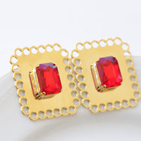 RED GOLD EARRINGS, Large Red Ruby Evening Earrings, Square Formal Earrings, Estate Big Statement Earrings, Elegant Stud Geometric Earrings
