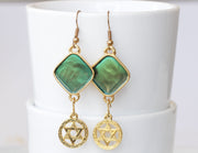 Star of David Earrings, Israel Earrings, Holy land earrings, Green Turquoise Gold earrings, Judaica earrings, Jewish jewelry, Enamel Earring