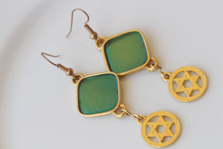 Star of David Earrings, Israel Earrings, Holy land earrings, Green Turquoise Gold earrings, Judaica earrings, Jewish jewelry, Enamel Earring