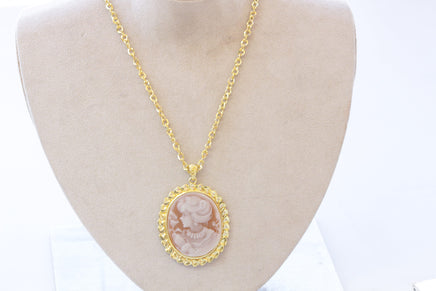 CAMEO NECKLACE, Brown Gold Cameo Pendant Necklace, Vintage Necklace, Lady Cameo Long Chain Necklace, Antique Cameo Necklace, Victorian Style