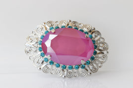 FUCHSIA TURQUOISE BROOCH, Oval Brooch, Statement Brooch, Ooak Brooch, Art Deco Brooch, Vintage Pink And Blue Brooch, Ethnic Jewelry,Handmade