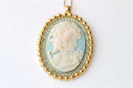 Cameo Necklace, Aquamarine Blue Cameo Pendant, large Vintage Pendant, Lady Cameo Necklace, Victorian Style, Turquoise Statement Necklace