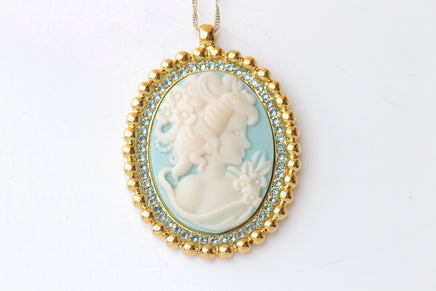 Cameo Necklace, Aquamarine Blue Cameo Pendant, large Vintage Pendant, Lady Cameo Necklace, Victorian Style, Turquoise Statement Necklace