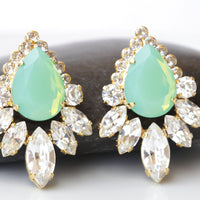 MINT GREEN EARRINGS, Light Green Crystal Earrings, Bridal Statement Stud Earring,Cluster Big Earrings, Elegant Large Earrings For Wedding