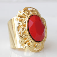 RED STONE RING, Crystal Coral Gold Ring, Filigree Big Ring, Estate jewelry gift for Woman, Statement Chunky Ring, Cocktail Adjustable Ring