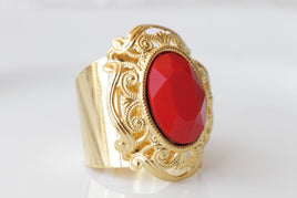 RED STONE RING, Crystal Coral Gold Ring, Filigree Big Ring, Estate jewelry gift for Woman, Statement Chunky Ring, Cocktail Adjustable Ring