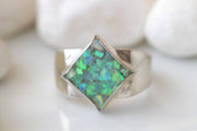 GREEN BLUE OPAL Ring, Unique Pinky Ring, Square Ring, Gift For Her, Silver Sterling Ring, Fire Opal Ring, Ring For Men, Unisex Opal Ring