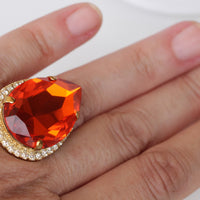 ORANGE TEARDROP RING, Hot Orange Gold Rings, Large Ring, Cocktail Evening Ring, Classic Summer Jewelry, Mother Of The Bride Jewelry Gift