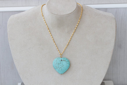 TURQUOISE HEART NECKLACE, Turquoise Boho Pendant, Anniversary gift , Gold Large Pendant, Necklace, Simple Turquoise Necklace, Mom Gift