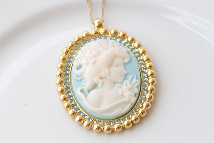 Cameo Necklace, Aquamarine Blue Cameo Pendant, large Vintage Pendant, Lady Cameo Necklace, Victorian Style, Turquoise Statement Necklace