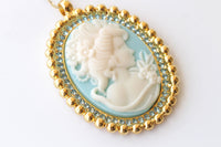 Cameo Necklace, Aquamarine Blue Cameo Pendant, large Vintage Pendant, Lady Cameo Necklace, Victorian Style, Turquoise Statement Necklace