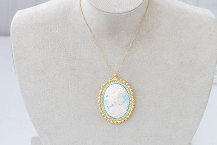 Cameo Necklace, Aquamarine Blue Cameo Pendant, large Vintage Pendant, Lady Cameo Necklace, Victorian Style, Turquoise Statement Necklace