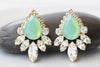 MINT GREEN EARRINGS, Light Green Crystal Earrings, Bridal Statement Stud Earring,Cluster Big Earrings, Elegant Large Earrings For Wedding