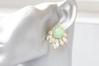 MINT GREEN EARRINGS, Light Green Crystal Earrings, Bridal Statement Stud Earring,Cluster Big Earrings, Elegant Large Earrings For Wedding