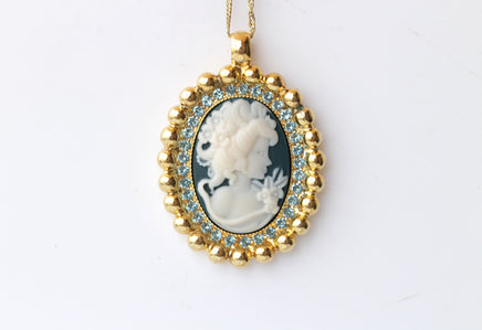 BLUE Cameo Necklace, Navy Blue Cameo Pendant, Oval Vintage Pendant, Lady Cameo Necklace, Victorian Style, Statement Necklace, Gift For Her