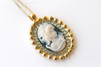 BLUE Cameo Necklace, Navy Blue Cameo Pendant, Oval Vintage Pendant, Lady Cameo Necklace, Victorian Style, Statement Necklace, Gift For Her