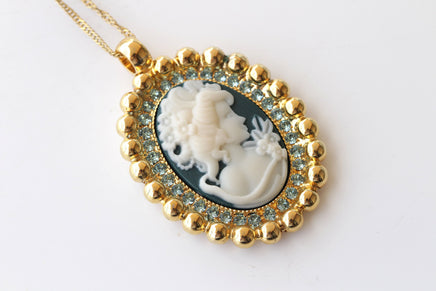 BLUE Cameo Necklace, Navy Blue Cameo Pendant, Oval Vintage Pendant, Lady Cameo Necklace, Victorian Style, Statement Necklace, Gift For Her