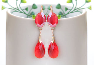 RED DROP EARRINGS, Dangle Earrings, Crystals Chandelier Earrings, Bridal Teardrop Earring, Red Coral Rose Gold Earrings,Wedding Long Earring