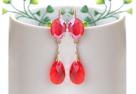 RED DROP EARRINGS, Dangle Earrings, Crystals Chandelier Earrings, Bridal Teardrop Earring, Red Coral Rose Gold Earrings,Wedding Long Earring