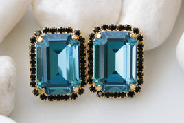 BLUE BLACK EARRINGS, Teal Blue Bridal Earrings, Geometric Earrings, Custom Earrings, Evening Elegant Clip on Earrings,Drop or Post Earrings
