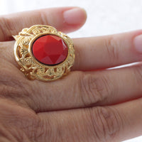 RED STONE RING, Crystal Coral Gold Ring, Filigree Big Ring, Estate jewelry gift for Woman, Statement Chunky Ring, Cocktail Adjustable Ring