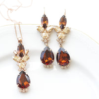 BROWN BRIDAL NECKLACE Earrings Set, Champagne Teardrop Necklace, Chocolate Rose Gold Necklace, Vintage Topaz Jewelry Set For The Brides Gift