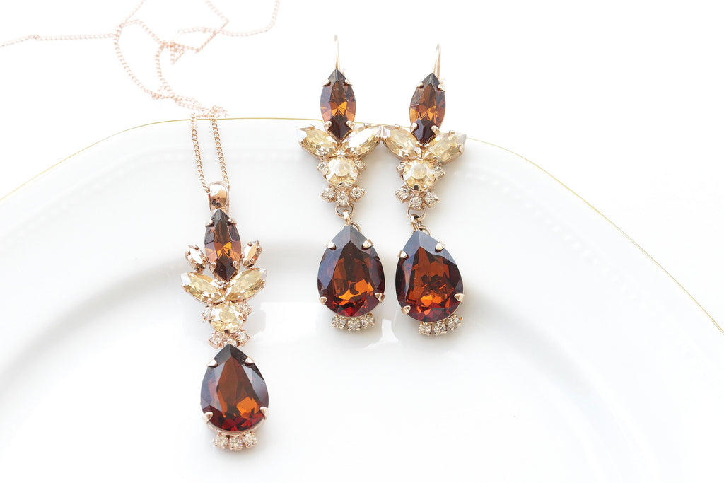 BROWN BRIDAL NECKLACE Earrings Set, Champagne Teardrop Necklace, Chocolate Rose Gold Necklace, Vintage Topaz Jewelry Set For The Brides Gift
