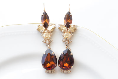 BROWN BRIDAL Earrings, Champagne Statement Earrings, Chocolate Rose Gold Earrings, Vintage Topaz Earrings For The Brides, Long Earrings